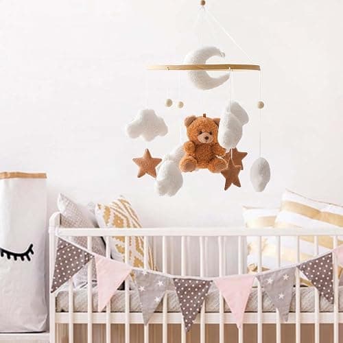 Uixxducc Mobile Baby Windspiele, Babybett Mobile 3D Bär Hase Kaninchen Wolken, Kinderzimmer Hängende Bettglocke, Neugeborenen Geschenk für Baby Jungen und Mädchen (Braun Bär) thumbnail 7