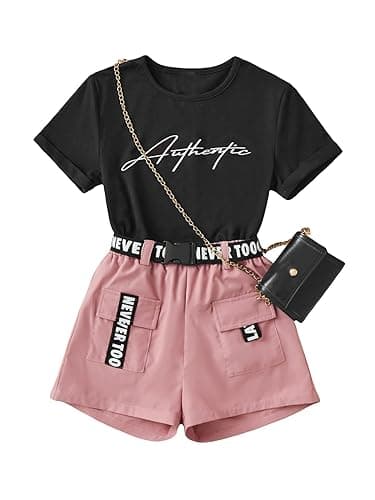 OYOANGLE Girl's 2 Piece Outfits Letter Graphic Round Neck Tee Shirt and Buckle Belted Shorts Set - 10 Years - Multicolor
