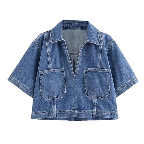 Women's Short Sleeve Cropped Shirt Summer Streetwear Office Denim Shirt - Image 1