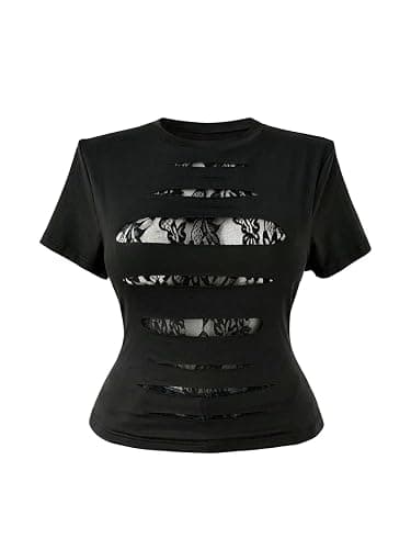 WDIRARA Women's Plus Size Goth Cutout Lace Patchwork T Shirt | Y2k, Ripped, Short Sleeve - Image 1