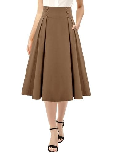 Belle Poque Women's Vintage High Waist Pleated Midi A-Line Skirt with Pockets - Image 1