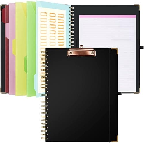 Ospelelf Clipboard with Storage 8.5 X 11，Padfolio Organizer, Spiral Portfolio Letter Size with Notepad, Pen Holder, 5 Extra Folder Divider Pages, Elastic Closure Nurse Office Essentials (Black) - Image 1
