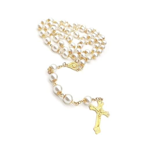 Rosary Beads Catholic for Women Girls, First Holy Communion Rosary Gifts for Girls Catholic, Gold White Rosary Necklace for Women Imitation Pearl Beads Necklace Rosarios Catolicos - Image 1