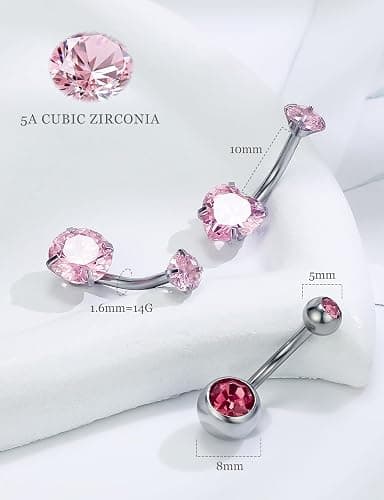 Gnznzko 14G Belly Button Ring Piercing Surgical Steel Clear Pink CZ Dangling Floating Navel Rings 10MM Length Hypoallergenic Heart Flower Butterfly Belly Piercing Jewelry for Women Men Silver Gold thumbnail 6