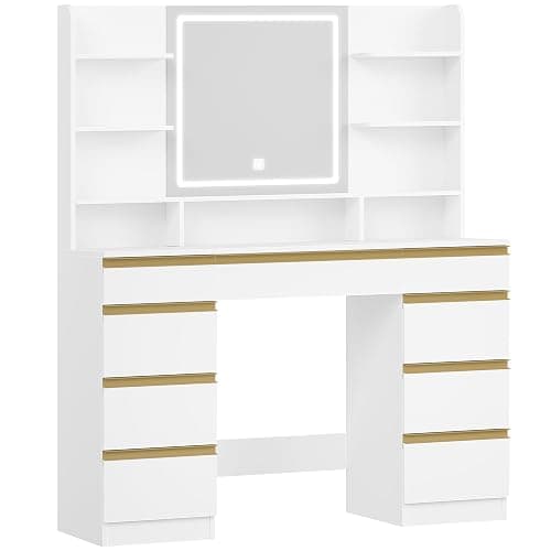 Hzuaneri Grande Coiffeuse avec Éclairage LED, 3 Couleurs, Luminosité Réglable, Miroir, 9 Tiroirs, 9 Étagères Ouvertes, Blanc-Or DT41903X thumbnail 8