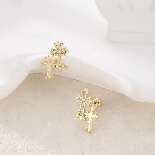 Warshion Gold Cross Earrings for Women 14K Gold Double Piercing Cross Earrings Diamond Stud Earring thumbnail 5