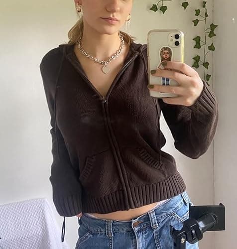 Faretumiya Women Zip Up Long Sleeve Crop Hooded Tops Ribbed Knit Cropped Hoodie Jacket Y2k Cute Sweater Pullover thumbnail 3