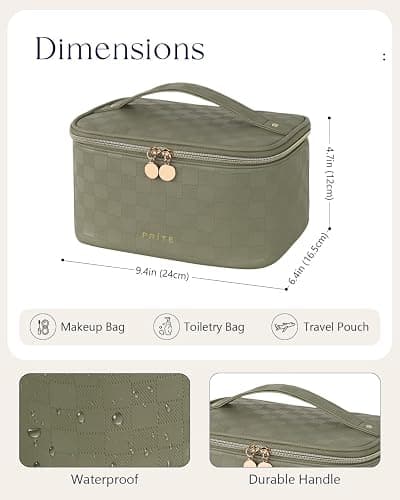 Prite Makeup Bag Portable Cosmetic Organizer with Brush Holder Waterproof Travel Toiletry Bag for Women with Handle and Divider (Checkered Green) thumbnail 5