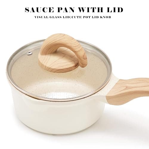 Vkoocy Non Stick Pots and Pans Set Ceramic Cookware Set with Granite Dot, 3pcs Kitchen Cooking Sets Frying Pan Saucepan, No PTFE, No PFAS, Bright Cream thumbnail 6