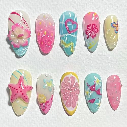 30 Pcs Handmade Press on Nails Short Almond Nail Tips,YEFIUO Summer Fake Nails Press ons Glue on Nails Acrylic Nail Art Kit Full Cover Reusable False Nails with Starfish Flowers Heart Design for Ma'am - Handmade-A02