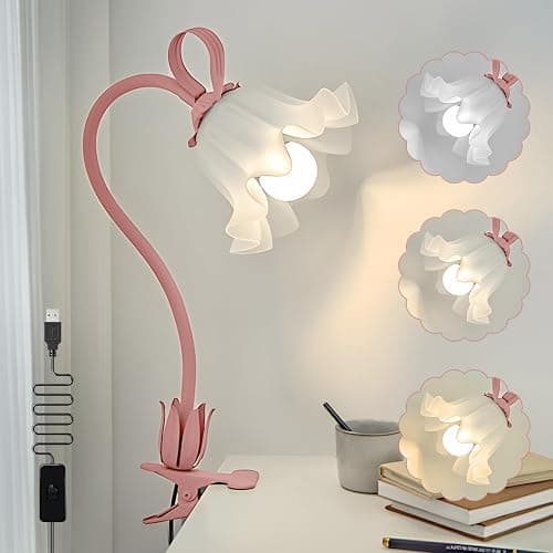 Clip On Light and Flower Bedside Table Lamp, Flexible Gooseneck Reading Book Light with 3 Color Modes, Night Light for Kids Nursery, Clip on for Desk, Bed Headboard, Dorm (Pink) - Image 1
