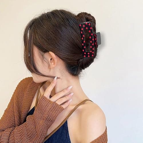 Valentine’s Day Hair Claw Clips for Thick or Thin Hairs, 1 Pack Black Red Heart Design Hair Clips No-Slip Claw Clips for Valentine’s Day Hair Accessories Acrylic Large Square Hair Jaw Clip for Women thumbnail 5