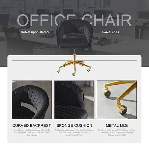Nrizc Velvet Office Desk Chair, Upholstered Home Office Desk Chairs with Adjustable Swivel Wheels, Ergonomic Office Chair for Living Room, Bedroom, Office, Vanity Study (Black) thumbnail 4