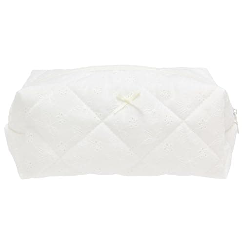 PAZIMIIK Cozy Makeup Bag Travel Cosmetic Bag for Women Soft Toiletry Bag Aesthetic Makeup Organizer Portable Large Zipper Pouch for Skincare Beauty Accessories Brushes Embroidery White - Image 1