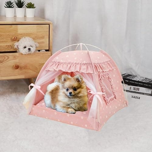 Selena Cat Bed Tents Dog House Indoor Outdoor Lace Mesh Breathable Windows Door Curtains Removable Portable Nest Teepe House (Small,Pink(Ruffled Teim)) thumbnail 4