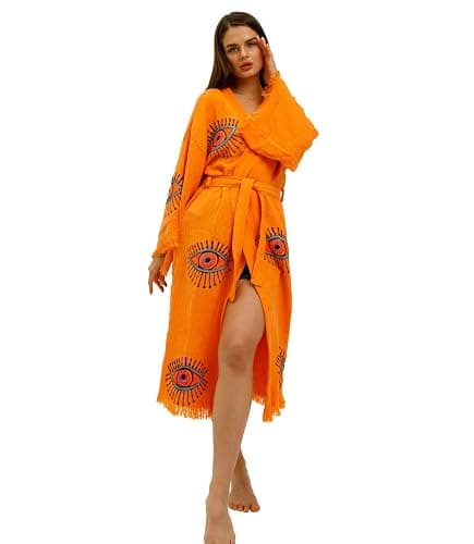 CYC Atelier 100% Turkish Cotton Evil Eye Kimono Robe – Hand Printed Caftan Beach Cover Up – Boho Festival Kimono for Women - Image 1