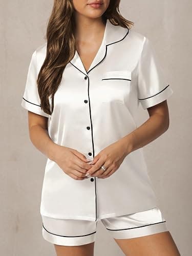LILLUSORY Silk Satin Pajama Set for Women 2 Piece Lounge Pjs Shorts Matching Summer Sleepwear Button Down Shirt Shorts thumbnail 7