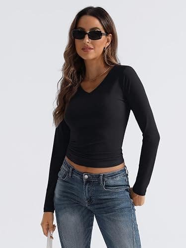 Trendy Queen Long Sleeve Shirts for Women 2025 Fall Fashion V Neck Basics Crop Tops Slim Fitted Y2K Tops Outfits Clothes thumbnail 3