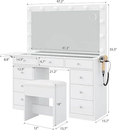 Vanity Desk with Power Outlet, 9 Drawers Makeup Vanity with Mirror and 12 LED Lights, 3 Lighting Modes, Glass Top Vanity Set, Fold-up Panel, Dressing Table for Bedroom thumbnail 2