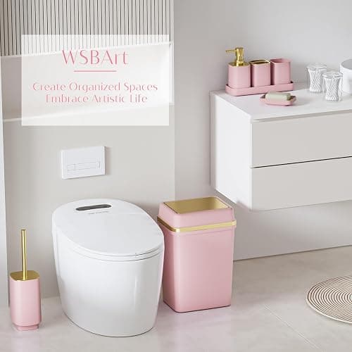 9PCS Bathroom Accessory Set, Pink Bathroom Set with Large-Capacity 4 Gallon Trash Can, Bathroom Accessories Set Complete, Toothbrush Holder, Soap Dispenser, Toilet Brush, Bathroom Decor thumbnail 2