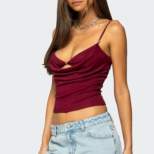 Women Y2K Spaghetti Strap Tank Top Sleeveless Draped V-Neck Neck Hollow Out Front Solid Color Slim Fit Crop Camisole thumbnail 3
