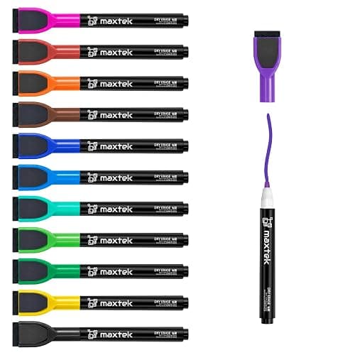 maxtek Magnetic Whiteboard Markers - 12 Count Colorful Fine Tip Dry Erase Markers with Eraser for Kids, Low Odor Thin Markers for Calendar Boards - Image 1