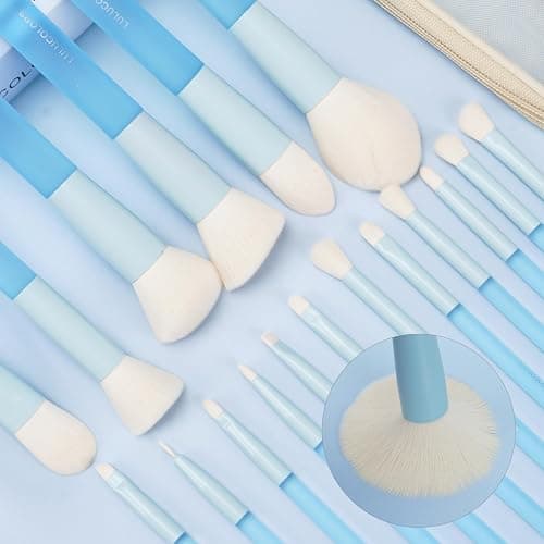 LULUCOLORS 18-Piece Light Blue Professional Makeup Brush Set – Translucent Rubberized Handles, Soft Synthetic Bristles for Face & Eye Makeup – Includes Travel Bag & Sponges,Complete Brush Collection thumbnail 4