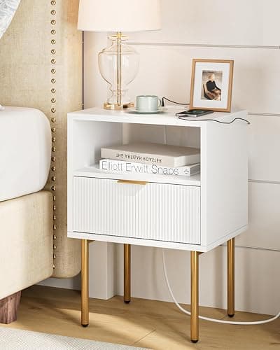 Masupu Nightstand with Charging Station,Mid-Century Modern Bedside Table with Storage Drawer and Open Wood Shelf,Small Gold Frame Side Table for Bedroom,Living Room (White) - Image 1