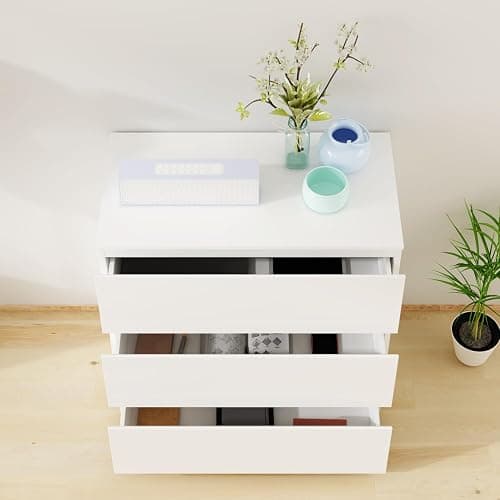 FUNISIR Nightstand with 3 Drawers, Modern Bedroom End Table with No Handle, Wooden Bedside Storage Cabinet, White 30.3" W x 32.3" H thumbnail 3