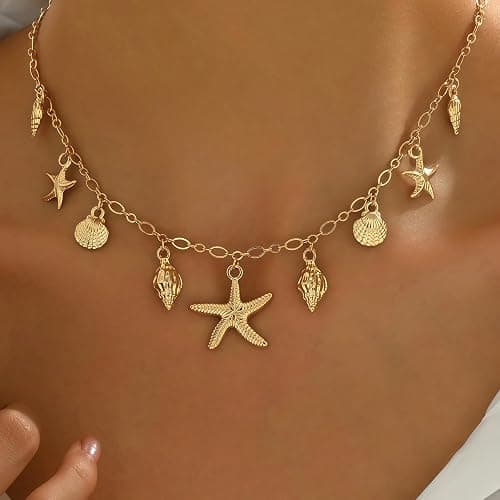 Shell Starfish Necklace for Women, 14k Gold Plated Boho Layered Beaded Charm Pendant Necklace, Dainty Adjustable Pearl Conch Summer Beach Vacation Jewelry Gifts thumbnail 5