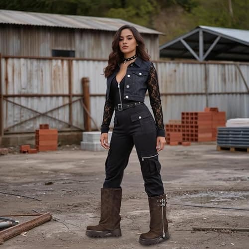 MAVMAX Fold Over Knee High Boots for Women Zipper Buckle Riding Boot Wide Calf Platform Round Toe Chunky Low Heel Tall Boot y2k Trendy Boots thumbnail 7