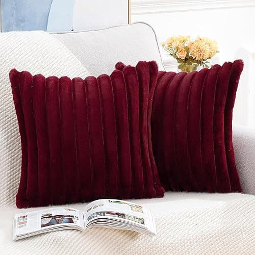 Madizz Set of 2 Faux Fur Plush Decorative Throw Pillow Covers 24x24 inch, 60x60 cm, Burgundy Fluffy Striped Soft Decorative Cushion Cover for Sofa Bedroom Pillow Shell thumbnail 2