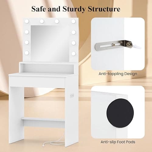 LOKO Vanity Desk with Mirror & Lights, White Dressing Table with 3 Lighting Modes & Adjustable Brightness, Open Shelves & Large Drawer, Built-in Charging Station, Compact Makeup Vanity for Small Space thumbnail 9