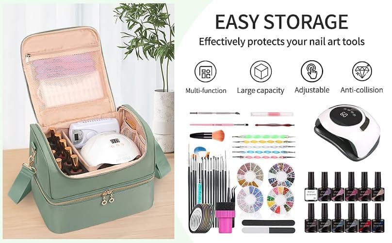 Nail Polish Organizer Case, Nail Supplies Storage Box Holds 45 Bottles Nail Polish & Nail Lamp, Travel Nail Tech Carrying Case, Nail Kit Bag For Nail Stuff & Manicure Tools thumbnail 9