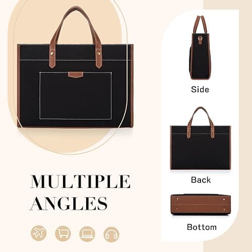 Missnine Laptop Tote Bag Canvas Laptop Bag 15.6 inch Work Shoulder Bags Casual Briefcase Handbag for Travel, Office, College (Black+Brown) thumbnail 7