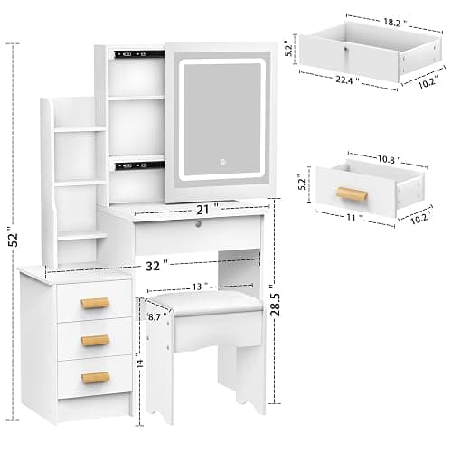 Dressing Table,LED Lights with Adjustable Brightness,Vanity Table with Mirror,4 Drawers,6 Storage Shelves,Makeup Table with Mirror and Stool,Dressing Table with Lighted Mirror,Modern Bedroom Dresser thumbnail 2