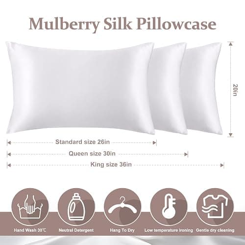 100% Pure Silk Pillowcase for Hair and Skin, Both Sides Mulberry Silk Pillowcases with Hidden Zipper, Cooling Pillowcase 19 Momme, 600 Thread Silk Pillow Cases Standard Size, 2PCS, White thumbnail 2