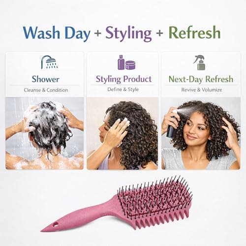 Vented Curl Defining Brush, Detangling & Clump-Forming Styling Brush for Wavy Curly Coily Hair, Wet/Dry, Anti-Frizz, Rounded Tips, Non-Slip Handle (Pink) thumbnail 6