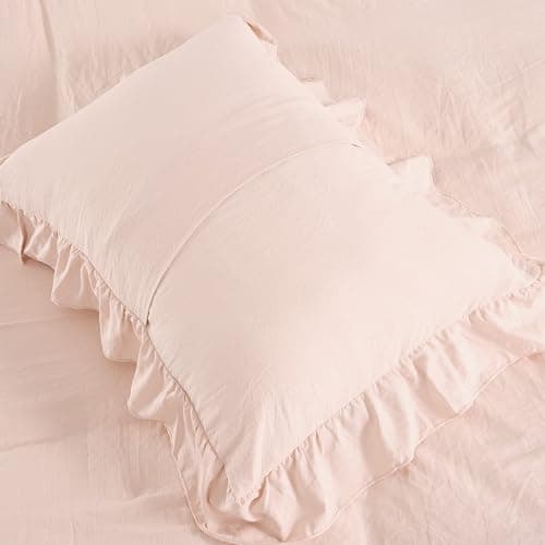 Pink Ruffle Duvet Cover Queen Size, 3PCS Soft Washed Microfiber Vintage French Country Duvet Cover Set for Queen Bed, Pink, 90x90 in thumbnail 6