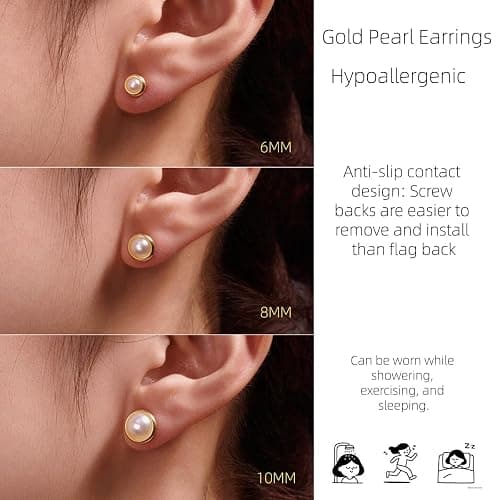 Seraphina 14K Gold Pearl Stud Earrings for Women | Hypoallergenic Screw Back Helix Cartilage Piercing French-Style Half-Circle Pearl Earrings thumbnail 4