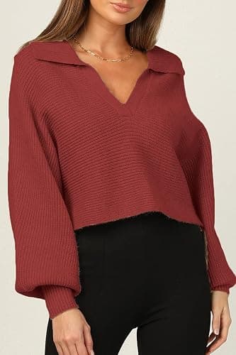 CHYRII Women Overized Puff Long Sleeve V Neck Knitted Polo Pullover Sweater Jumper Tops thumbnail 5