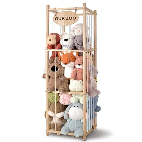 Stuffed Animal Storage Organizer - Thick Wooden Toy Zoo for Playroom & Bedroom, Large Plushies Holder with Cute Jail Cage Design, Plush Toy Display Tower Shelf - Image 1