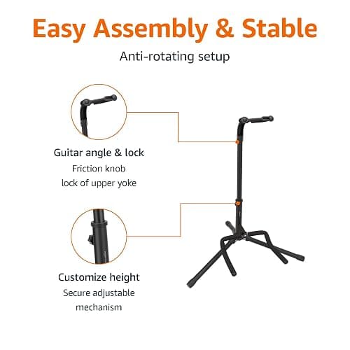 Amazon Basics Height Adjustable Foldable Guitar Stand with Secure Support, Padded Non-Slip Floor Stand for Acoustic, Electric, Bass and Banjos, Portable Display Stand, Black thumbnail 4