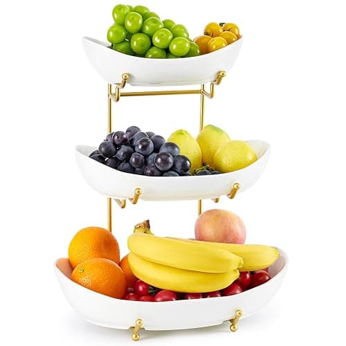 HOMKULA 3 Tier Fruit Basket, Ceramic Fruit Bowl for Kitchen Counter | Fruit Holder for Kitchen, with Metal Stand, No Installation Required, Save Space, Easy to Clean, Modern, Gold, Large - Image 1
