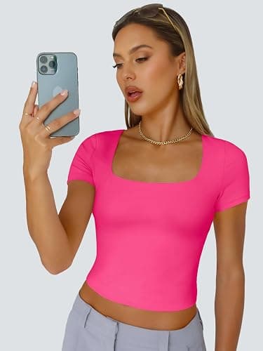Trendy Queen Tshirts Shirts for Women Double Lined Going Out Crop Tops 2025 Spring Summer Workout Y2k Clothes Beach Fashion - X-Small - Neonpink thumbnail 5