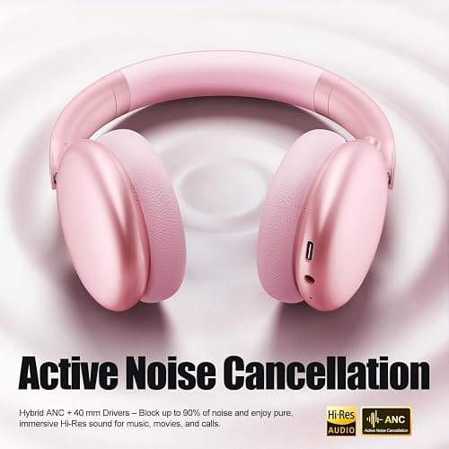 Wentronic Y06 Noise Cancelling Headphones,58H Playtime and 5 EQ Music Modes Wireless Over Ear Bluetooth Headphones with Microphone,Lossless Audio,Multipoint Connection,Foldable,Lightweight,Pink thumbnail 2