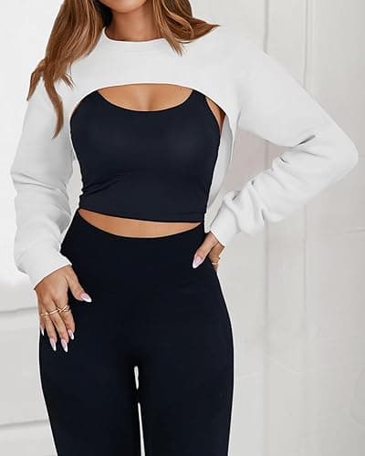 Yousify Womens Cropped Sweatshirt Shrugs Long Sleeve Workout Gym Cover Ups Bolero Shrug Y2k Super Crop Tops - White - Medium thumbnail 3