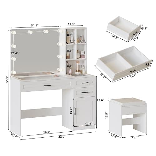 Fameill White Vanity Desk with Mirror and Lights,Glass Top Vanity Table with 3 Drawers and Cabinets,Large HD Mirror Makeup Desk,3 Lighting Modes, Brightness Adjustable,45 in(L) thumbnail 2