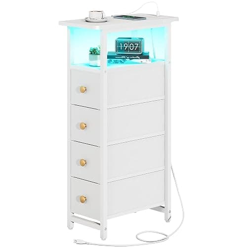 Yoobure LED Narrow Nightstand with Charging Station - Slim Dresser for Bedroom Narrow Side Table Storage Cabinet, Small Dressers Chest of Drawers, Tall Night Stand End Table for Small Spaces, White - Image 1