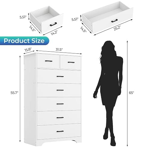 DICTAC White Dresser for Bedroom with 7 Drawers, 55.7" Tall Dressers Chest of Drawers, Modern Large Wood Storage Dresser Organizer with Metal Handle, Vertical Dressers for Bedroom Living Room Nursery thumbnail 2